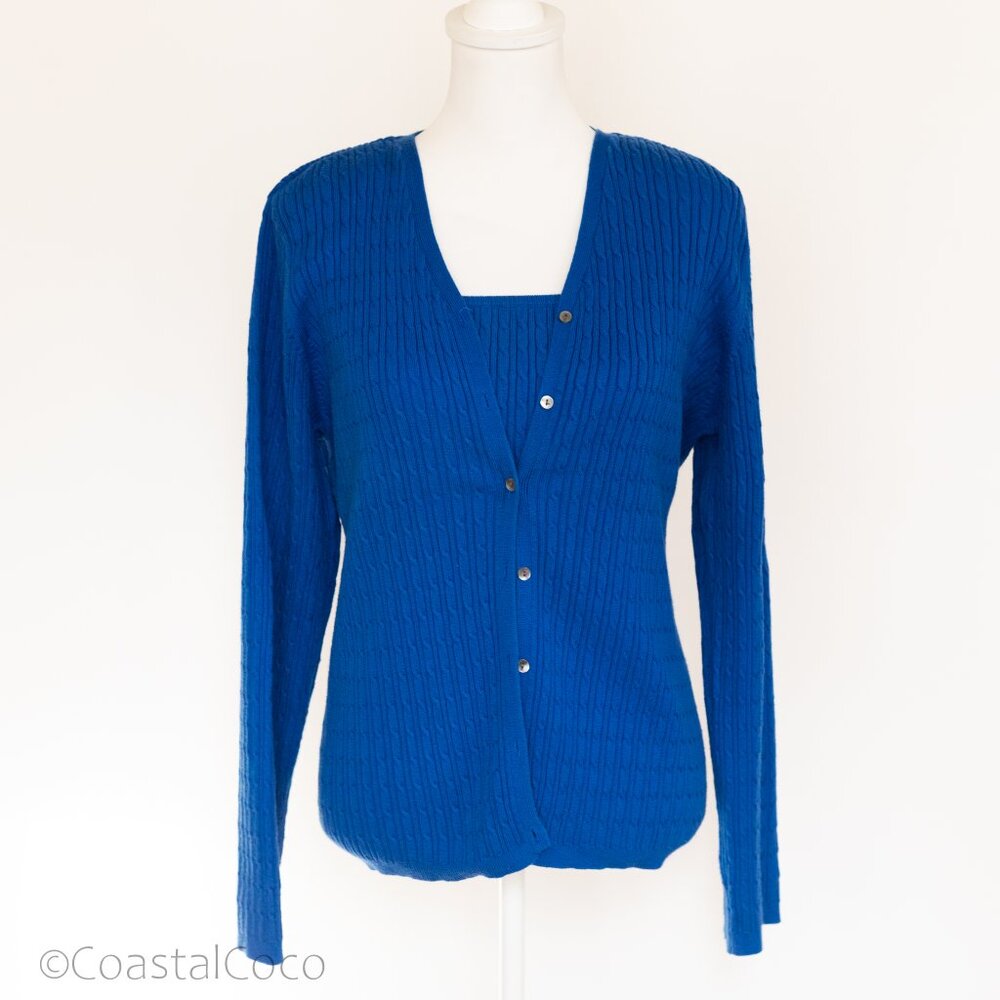 Charter Club Cable Knit Tank + Cardigan Set Royal Blue L/XL Preppy Office Career